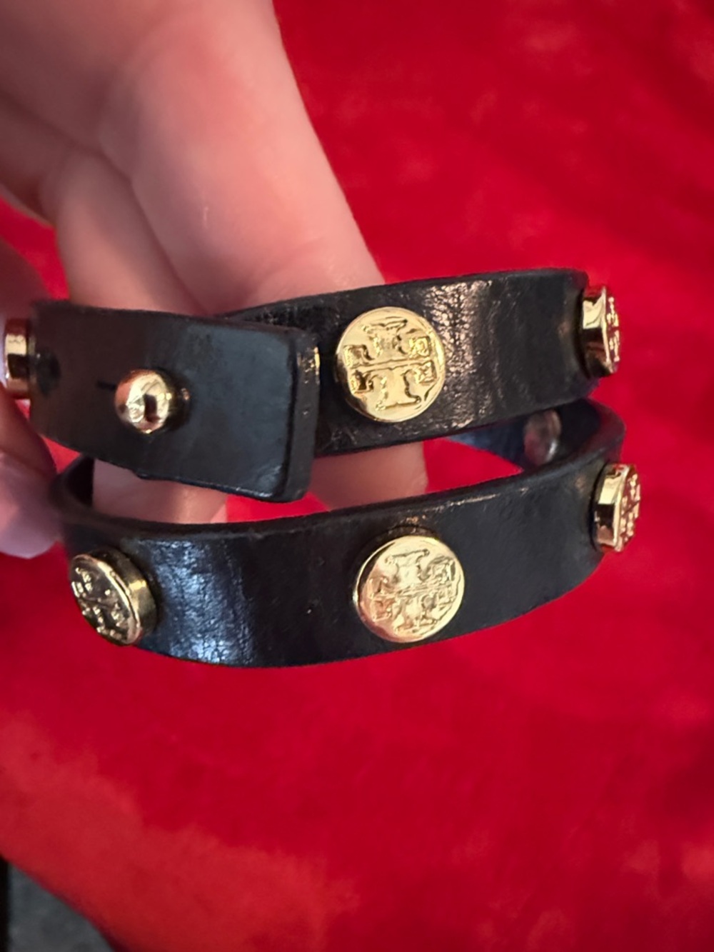 Tory Burch Black Leather Double Wrap Bracelet with Gold Medallions
